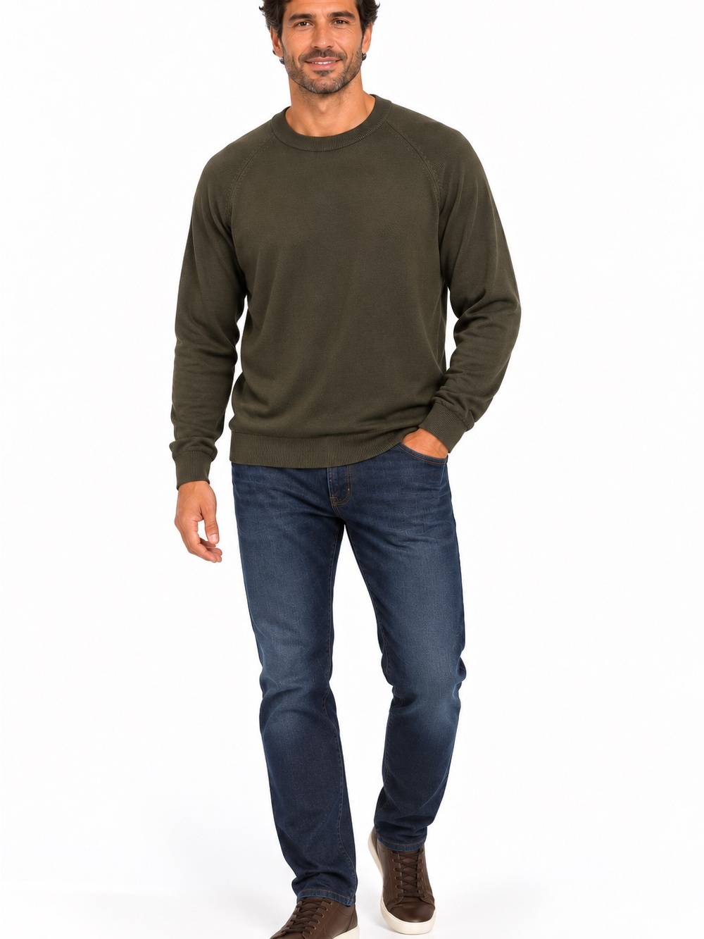 Murano Mens XL 100% Silk Sweater Dark Olive Green Crew Neck Raglan Long Sleeve